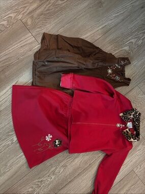 Girls Red Jacket with Leopard Collar outfit and brown dress